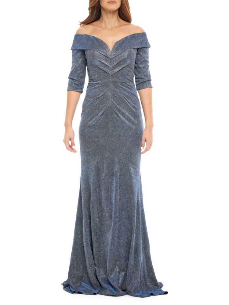 Rene Ruiz Collection Metallic Knitted Off Shoulder Mermaid Dress Metallic Blue color