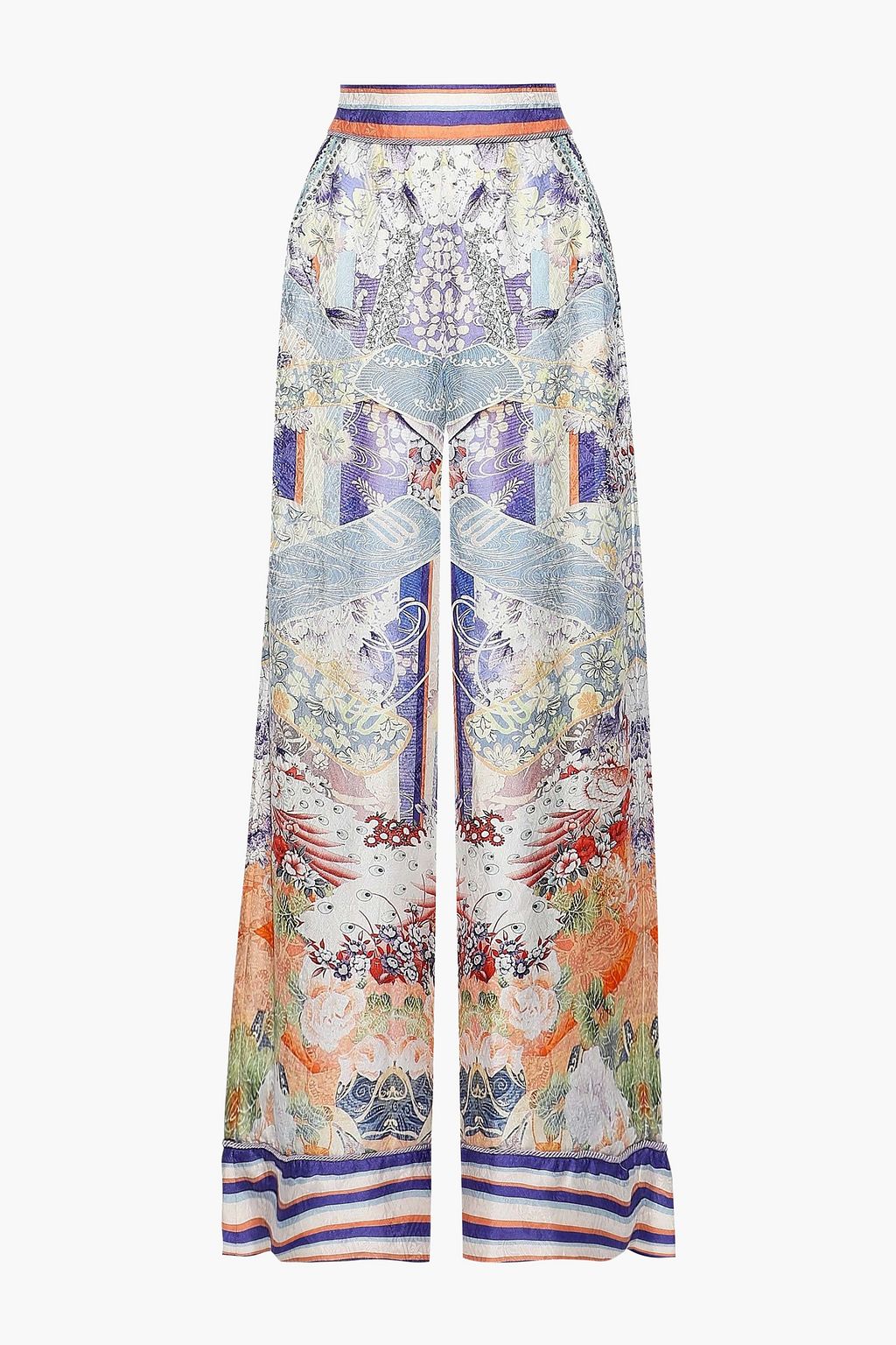 Wide trousers in satin jacquard with print and crystals CAMILLA, blue