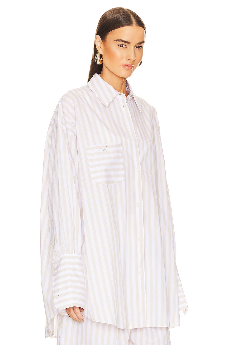 Helsa Cotton Poplin Stripe Oversized Shirt, Beige Stripe