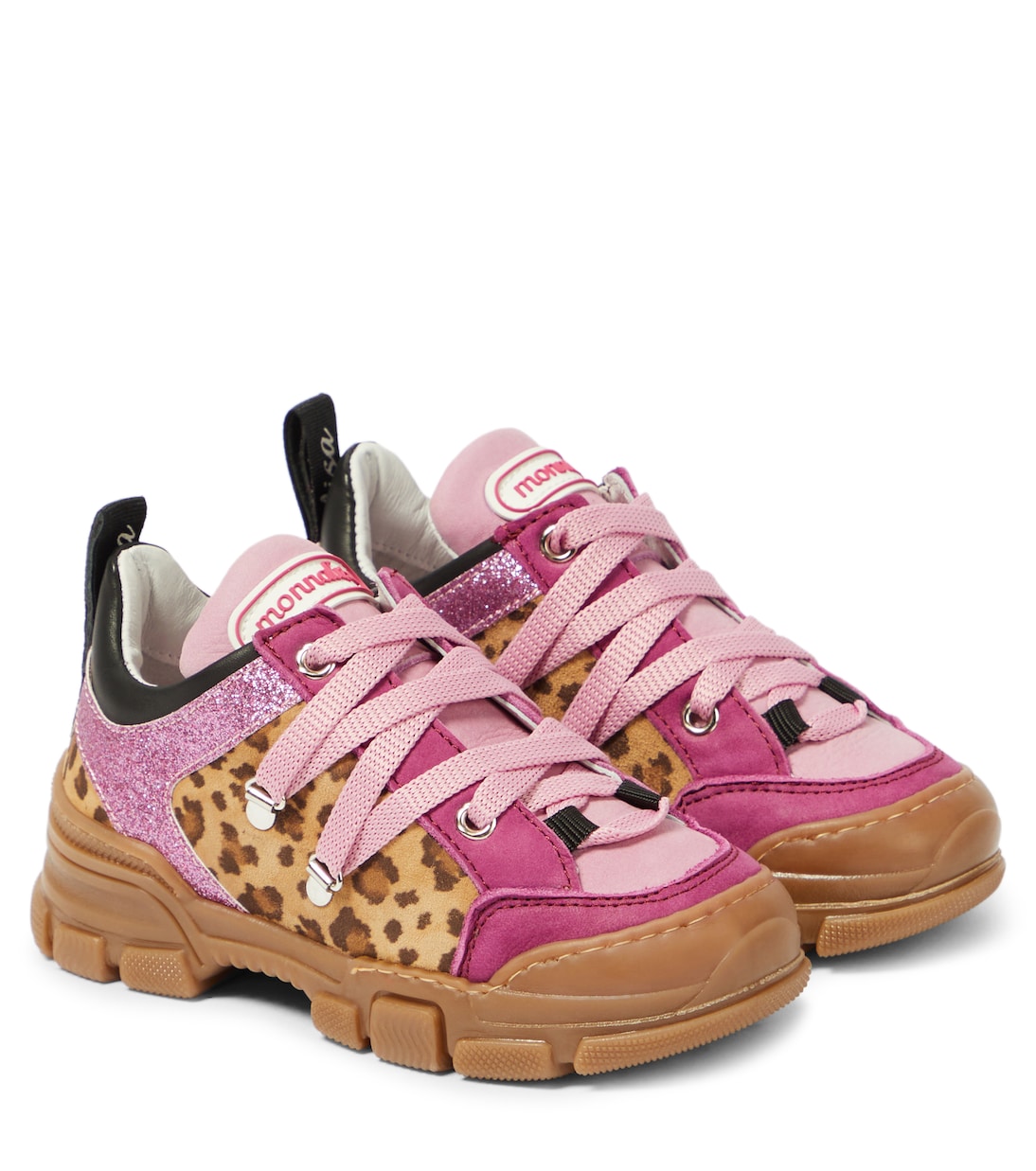 Monnalisa leopard print sneakers with leather trim, multicolor