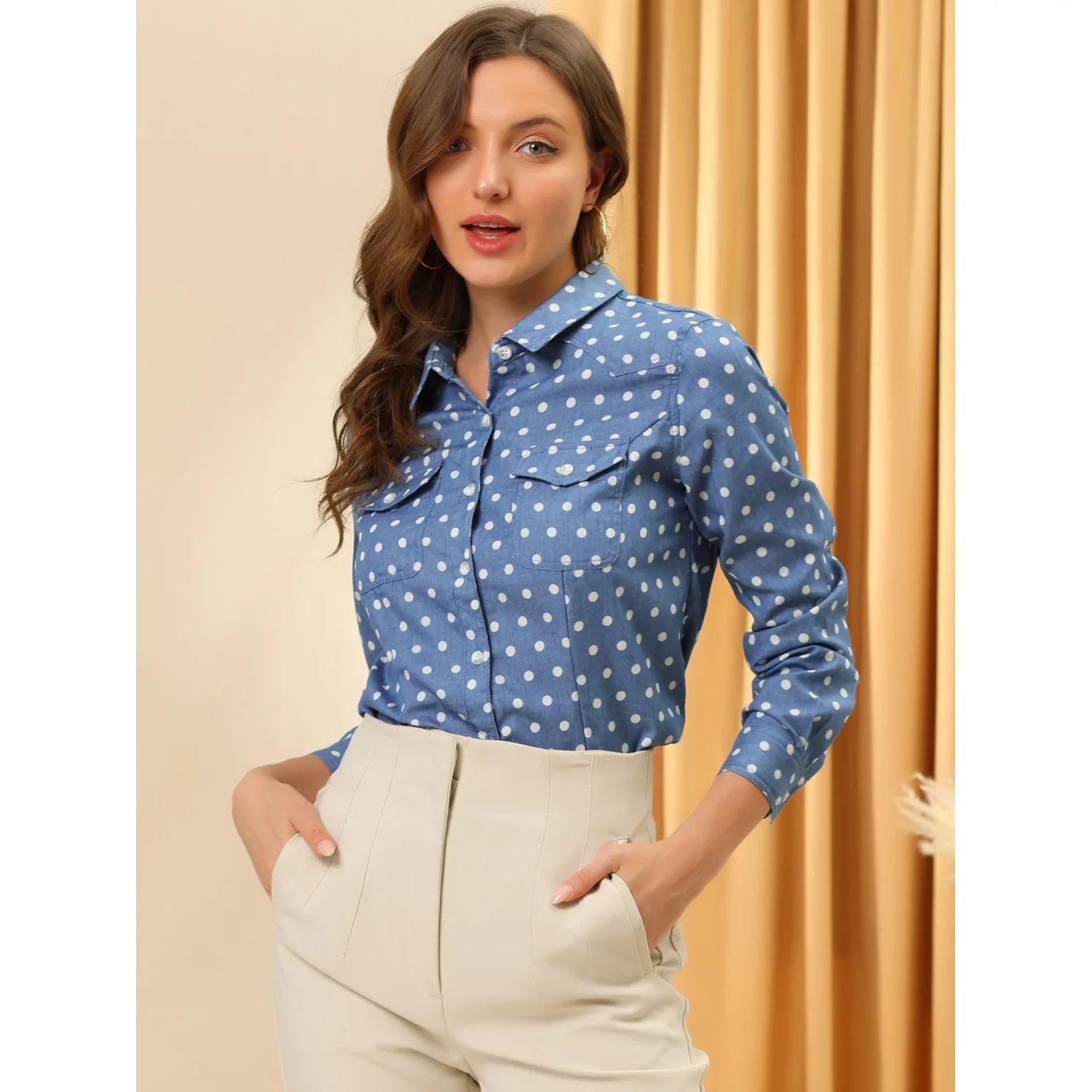 Women's denim shirt with pointed collar and long sleeves with buttons and chest pockets ALLEGRA K ,  blue